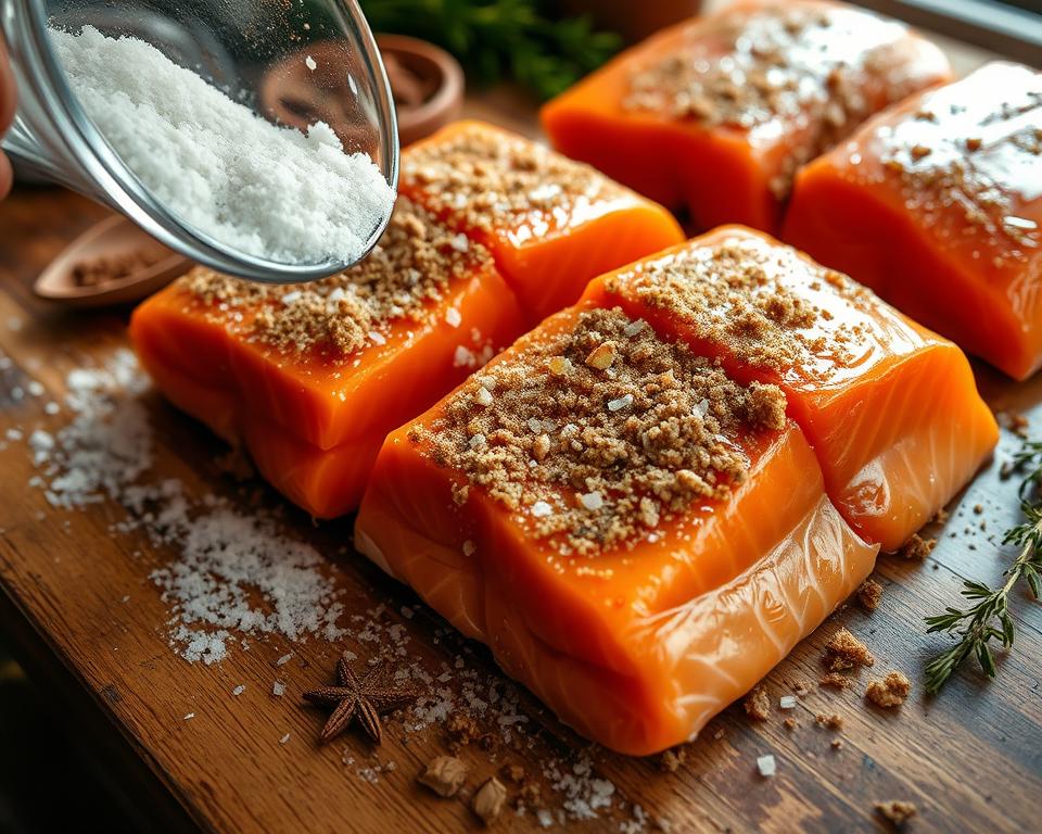 Dry brining salmon with brown sugar and kosher salt